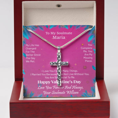 Personalized Gift For Soulmate - Cross Gemstone Necklace - Happy Valentine's Day, Love You Forever and Always, Your Soulmate.