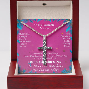 Personalized Gift For Soulmate - Wave Cross Necklace - Happy Valentine's Day, Love You Forever and Always, Your Soulmate.