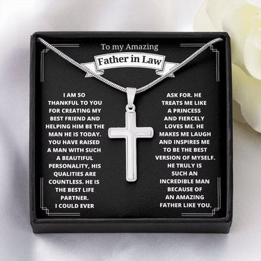 Personalized Gift For Father In Law - Cross Pendant Necklace - To My Father-in-law as Thank You to The One Who Cares For and Raises My Life Partner